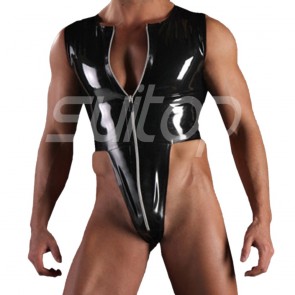 Suitop special men's male's rubber latex sleeveless catsuit with front zip in black color