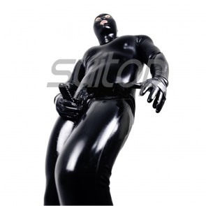 Suitop men's male's rubber latex full cover body zentai catsuit with penies condoms back zip in black color for adult erotic