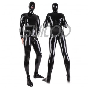 Suitop male's men's rubber latex full cover body zentai catsuit with T pocket on crotch in back zip