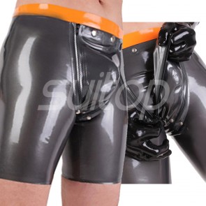 Suitop super quality men's male's rubber latex pants with front zip in dark gray with orange trim color