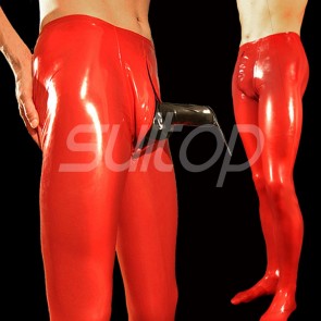 Suitop shiny men's male's rubber latex tight pants with front zipper in red color