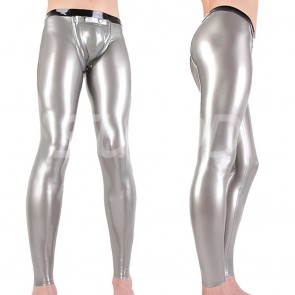 Suitop casual men's male's rubber trousers latex pants with front zipper in metallic gray with black trim color