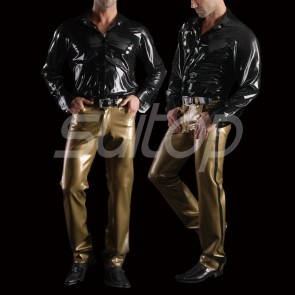 Suitop casual men's male's rubber trousers latex pants in metallic gold with black trim color