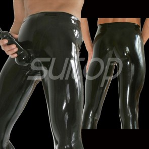Suitop super quality men's male's rubber trousers latex pants with penies condoms in black color