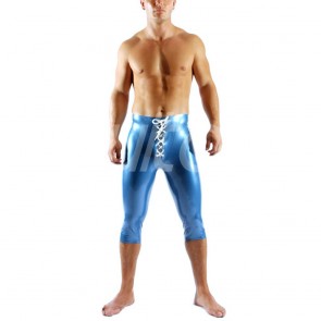 Suitop shiny men's male's rubber cropped trousers latex pants with front lace up in metallic blue color