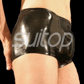 Men's sexy rubber latex boxer short wtih front zip in black