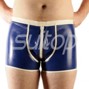 Men's exotic sexy rubber latex boxer short in blue and white tirm with front zip open ass