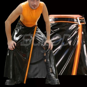 Suitop special men's male's rubber latex long skirt in black and orange trim color