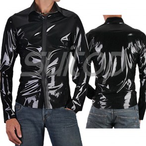 Suitop men's rubber latex casual long sleeve shirt with front zip in black color