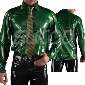 Suitop super quality men's rubber latex long sleeve shirt with front buttons in metallic green color