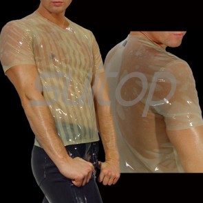 Suitop fashion men's rubber latex short sleeve tight t-shirt with V-neck in transparent color