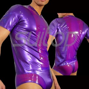 Suitop fashion men's rubber latex short sleeve tight t-shirt in metallic purple color