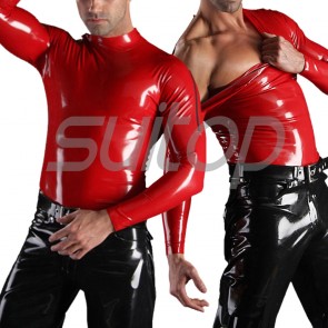 Suitop sexy men's rubber latex long sleeve high neck tight t-shirt in red color