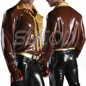 Suitop super quality men's rubber latex long mandarin sleeve shirt with front buttons in dark brown color
