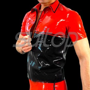 Suitop casual men's rubber latex short sleeve tight t-shirt with front zip in red and black trim color