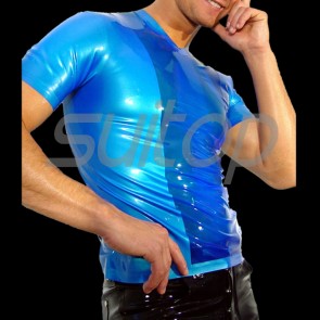Suitop casual men's rubber latex short sleeve tight t-shirt in metallic blue color