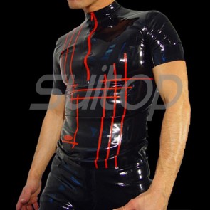 Suitop casual men's rubber latex short sleeve high neck tight t-shirt in black color