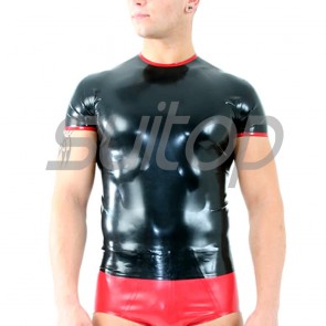 Suitop fashion men's rubber latex short sleeve tight t-shirt with round neck in black with red trim color