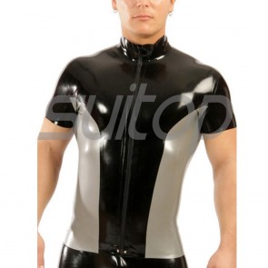 Suitop super quality men's rubber latex short sleeve tight t-shirt with front zip in black with gray color