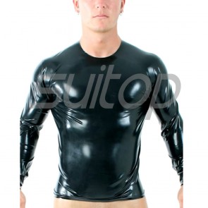 Suitop men's rubber latex long sleeve tight t-shirt with round-neck in black color