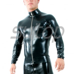 Suitop men's rubber latex long sleeve high neck tight t-shirt with front zip in black color