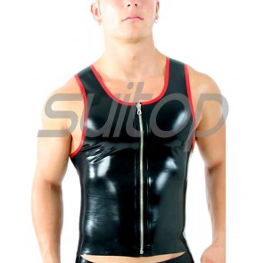 Suitop casual men's rubber latex tight vest with front zip in black with red trim color