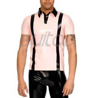 Suitop casual rubber latex men 's male's polo shirt with short sleeve in pink color