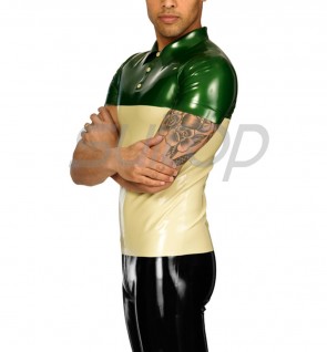 Suitop casual rubber latex men 's male's polo shirt with short sleeve main in cream and green trim color