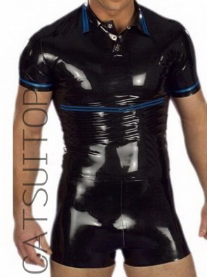 Catsuitop men's latex uniform polo shirt and shorts in black and blue