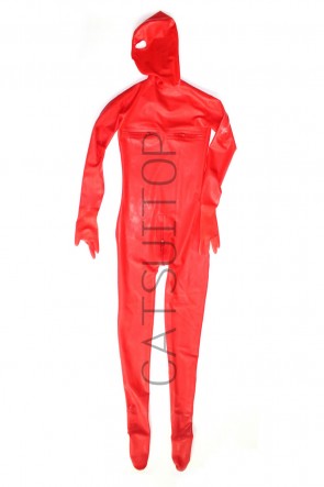 Women's latex catsuit  full coverage catsuit chest zipper and shoulders zip red  CATSUITOP