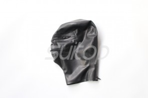 Head latex hoods black open nostrils and mouth with back zip Open nostrils There are zippers on the eyes and mouth 
