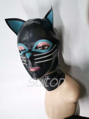 Latex hood cat masks in black and blue with silver