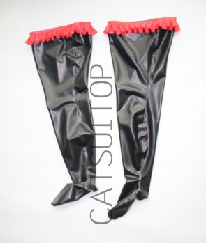 Hot selling women's  latex stockings  in black color with red flower trims 