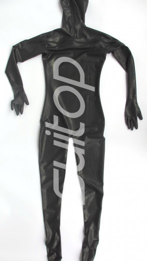 Men's Latex Bodysuit Full Coverage Bodysuit Gloves with Socks and Head Cover Chest Zipper and Shoulder Zipper Black