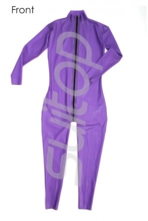 Women's latex catsuit with front zip to waist  black zipper in purple color 