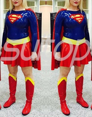 New Arrival Women 's Latex Supergirl suit tights uniforms (top+cape+skirts) superwomen