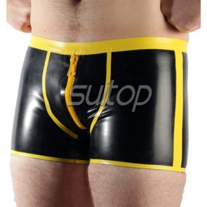 Suitop  latex men glued boxer with front zip in black and yellow trim