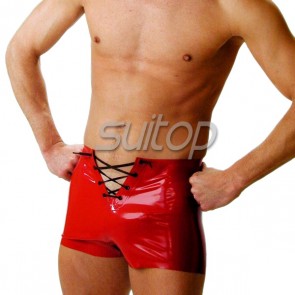 Men 's Suitop  rubber fetish shorts with lacing in red