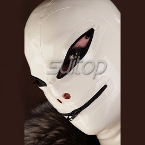 Suitop Latex mask sexy rubber hood cap with eye's zipper in white and black trim