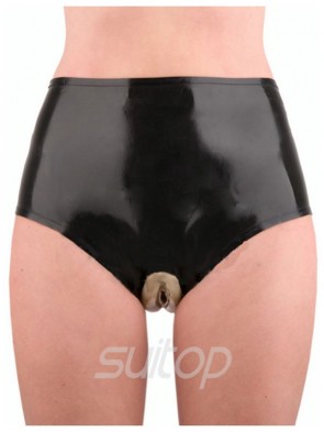 100% Black erotic women latex rubber short with inflatable genitals and ass, the genitals and ass is transparent color