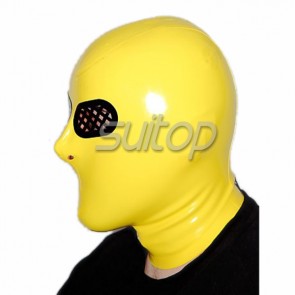 Latex mask sexy yellow rubber hood cap with eye's zipper