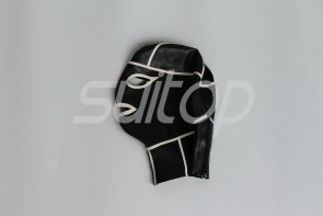 kisses latex rubber fetish hood latex mask black color with white trim