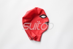Latex hoods open eyes nostrils and mouth in red color with back zip for adults
