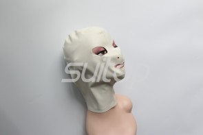 Latex hoods open eyes nostrils and mouth in white color with back zip