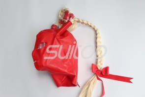 Women's  latex hoods attached pigtails and open eyes nostrils and mouth in red color with back zip