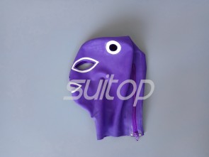 Latex hoods open eyes nostrils mouth and hair holes in purple color with back zip for adults