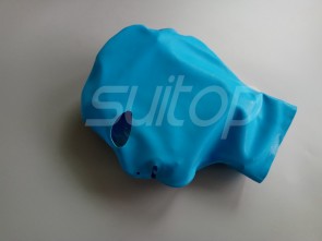 Made of 0.4mm thickness flexible adults' latex hood open nostril in blue color with back zip decorations
