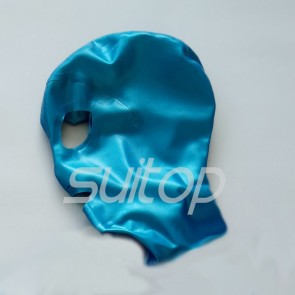 Latex hoods with back zip for adults Metallic blue open nose and mouth  eyes