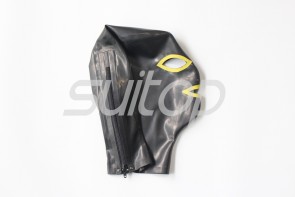 Sexy women's catsuit latex hoods open eyes nostrils and mouth in black and yellow  color with back zip