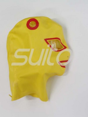 Latex hoods open eyes nostrils mouth and hair holes in yellow and red  color with back zip for adults